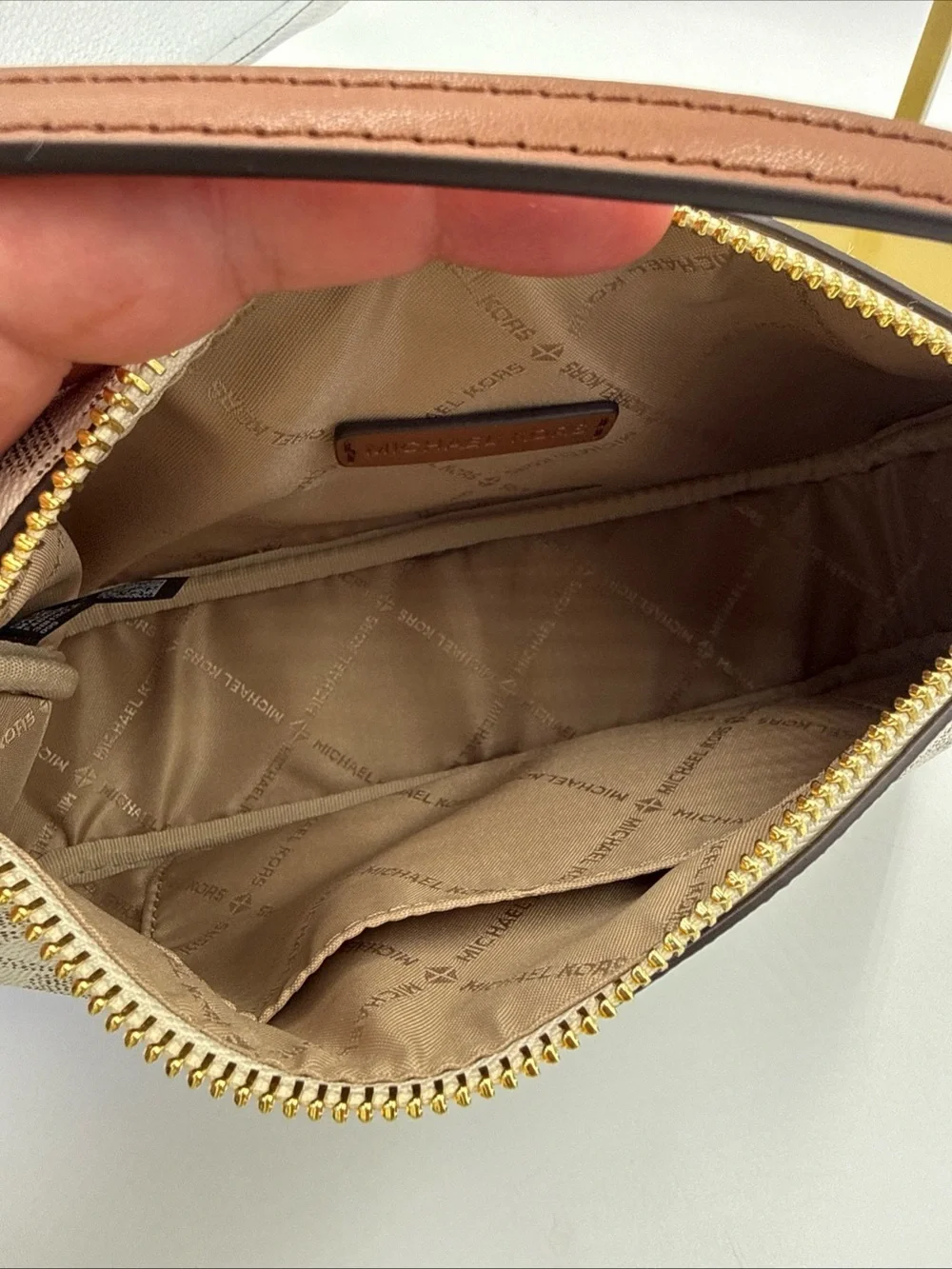 Michael Kors Beige Logo Shoulder Bag with Brown Strap